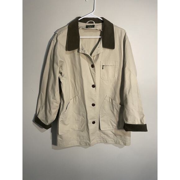 Vintage LL Bean Barn Jacket Women’s L Tan Canvas Chore Field Coat Corduroy Trim - Picture 1 of 12